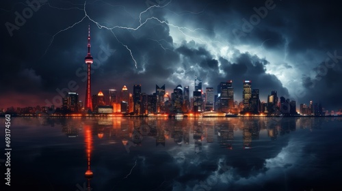  a picture of a city at night with a lot of lights in the sky and a lot of clouds in the sky with a lightning in the middle of the picture.