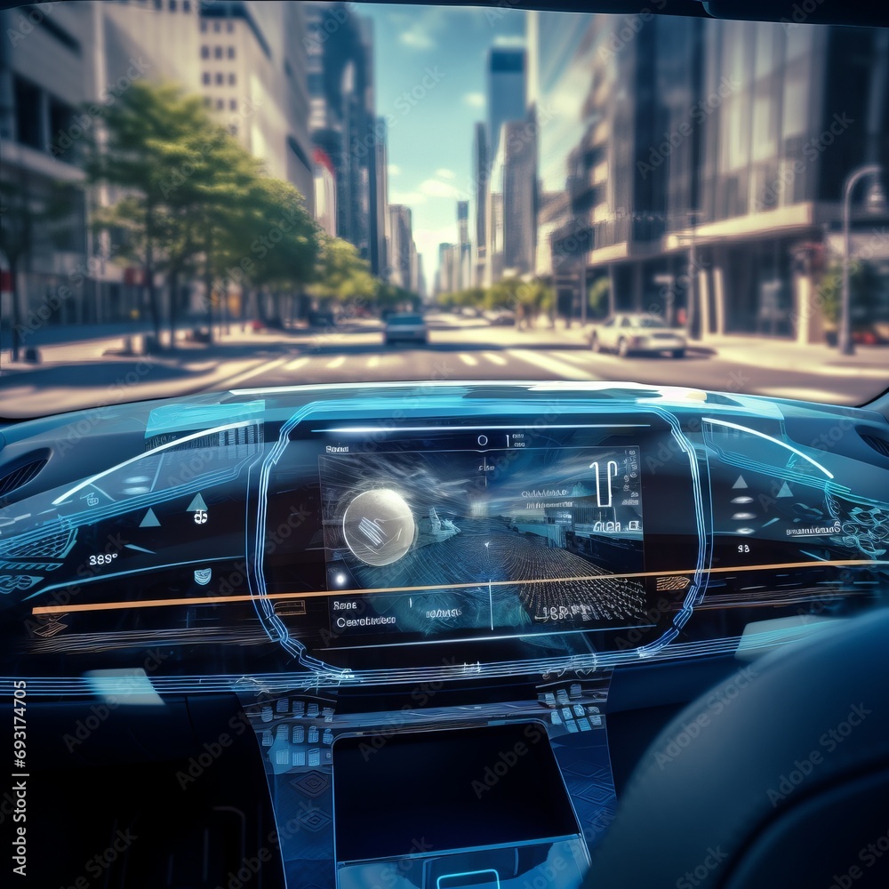 Roadscape Revolution: Autonomous Car Displays Futuristic Infographics from Driver's Seat