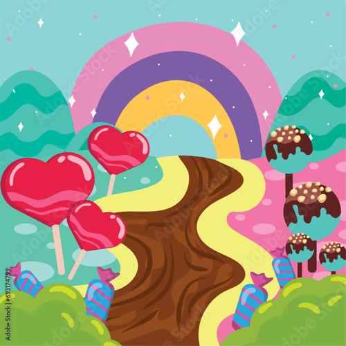 Colored candy land landscape view Vector
