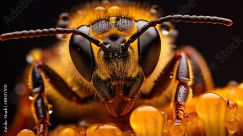 a close - up of a bee's head and antennae, with drops of dew on the petals of the bee's back end of its legs and head. photo