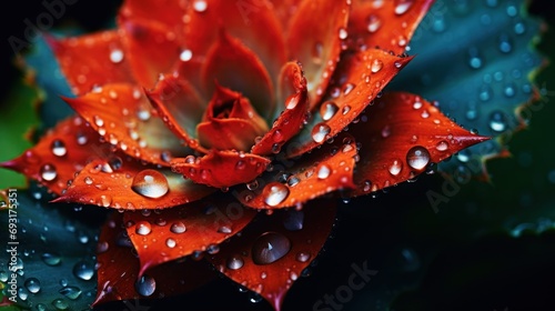  a close up of a red flower with drops of water on it and a green leaf with green leaves in the foreground and a black background with a few drops of water droplets on the petals.