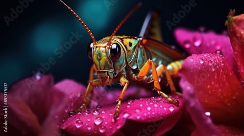  a close up of a grasshopper on a flower with drops of water on it's wings and a blurry background of pink flowers and purple petals with water droplets.