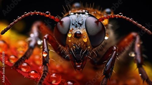  a close up of a bug with drops of water on it s face and legs  with a black background and red and yellow flowers in the foreground.
