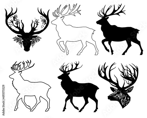 Vector set of american wild animals. Silhouettes of deers.
