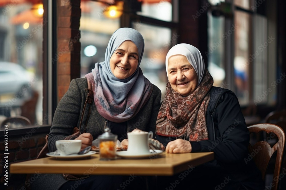 Lovely Muslim grandmothers are sitting in a cafe drinking tea and talking. Active pensioners. World Hijab Day. Generative AI - obrazy, fototapety, plakaty 