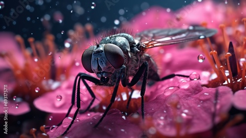  a fly sitting on top of a pink flower with water droplets on it's wings and wings, on a dark background with pink flowers and water droplets on the petals.