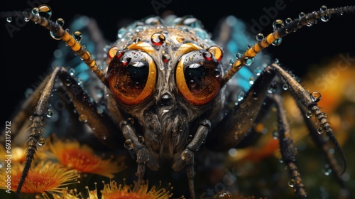  a close up of a bug with drops of water on it's eyes and eyes, with a flower in the foreground and a black background with yellow flowers in the foreground.