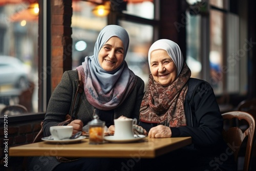 Lovely Muslim grandmothers are sitting in a cafe drinking tea and talking. Active pensioners. World Hijab Day. Generative AI photo