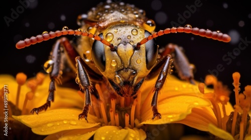  a close up of a bug on a flower with drops of water on it s back legs and head  with a black background of yellow flowers and water droplets.