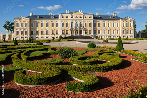 Latvian tourist landmark attraction - Rundale palace and french garden, Pilsrundale, Latvia.
