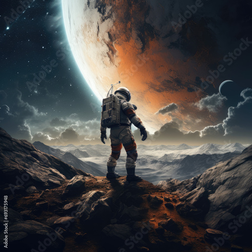 Spaceman or astronaut on the surface of moon