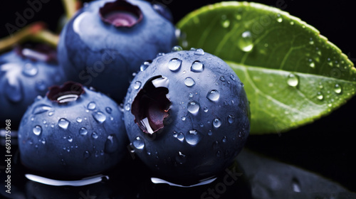  a group of blueberries sitting on top of a black surface with water droplets on the top of the blueberries and a green leaf on the side of the photo.