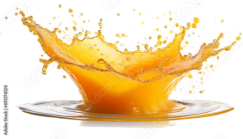 Orange juice splash isolated on transparent background, fruit juice crown splash wave swirl with drops, Shiny yellow liquid splashing fluids droplets, design element fresh clear beverage,generative ai © Janis2024