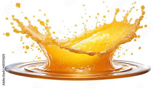Orange juice splash isolated on transparent background, fruit juice crown splash wave swirl with drops, Shiny yellow liquid splashing fluids droplets, design element fresh clear beverage,generative ai