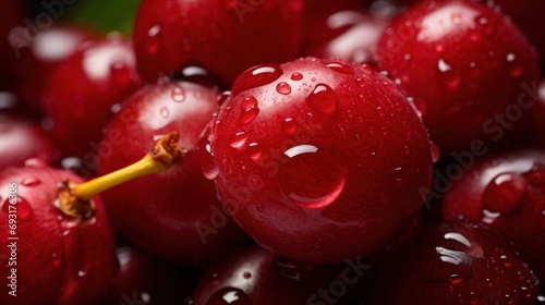  a close up of a bunch of cherries with drops of water on the top of the cherries and the bottom of the cherries on the bottom of the cherries.