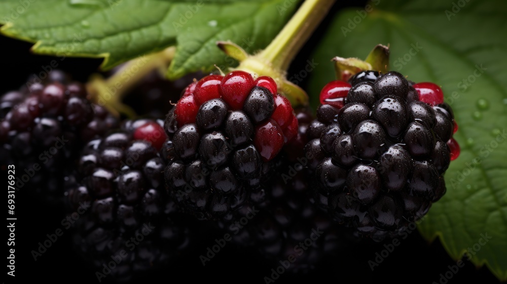 a close up of a bunch of blackberries on a branch with leaves and drops of water on the top of the berries, on a black background of a dark background with green leaves. a close up of a bunch of blackberries on a branch with leaves and drops of water on the top of the berries, on a black background of a dark background with green leaves.