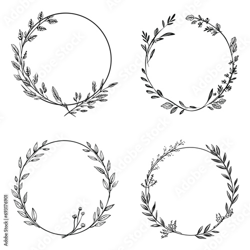 set of black and white circle frame design with flower and leaves photo