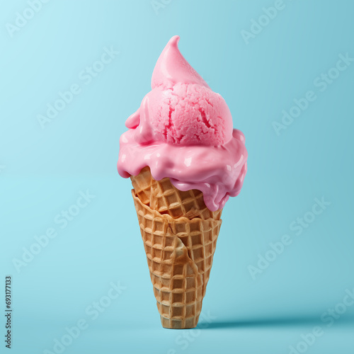 Pink ice cream in a waffle cone on a blue background