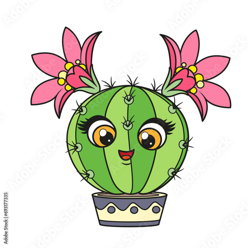Cute circle cartoon cacti with two flowers in a pot color variation on a white background