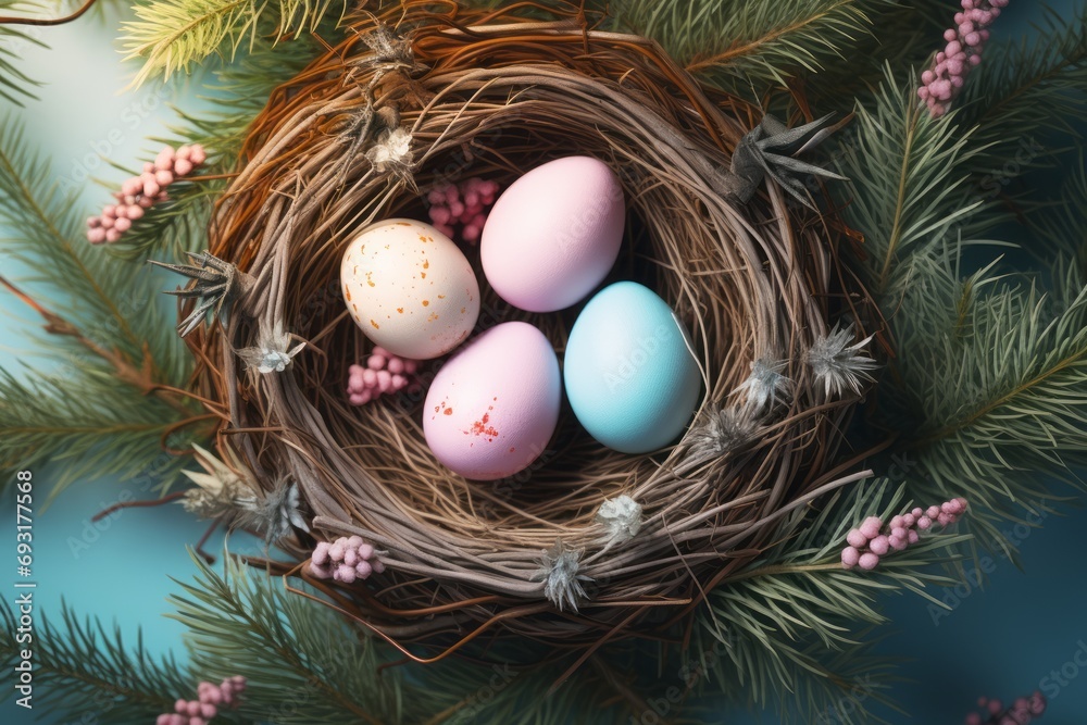 Multicolored pastel Easter eggs in a nest, top view, Happy Easter Multicolored pastel Easter eggs in a nest, top view, Happy Easter