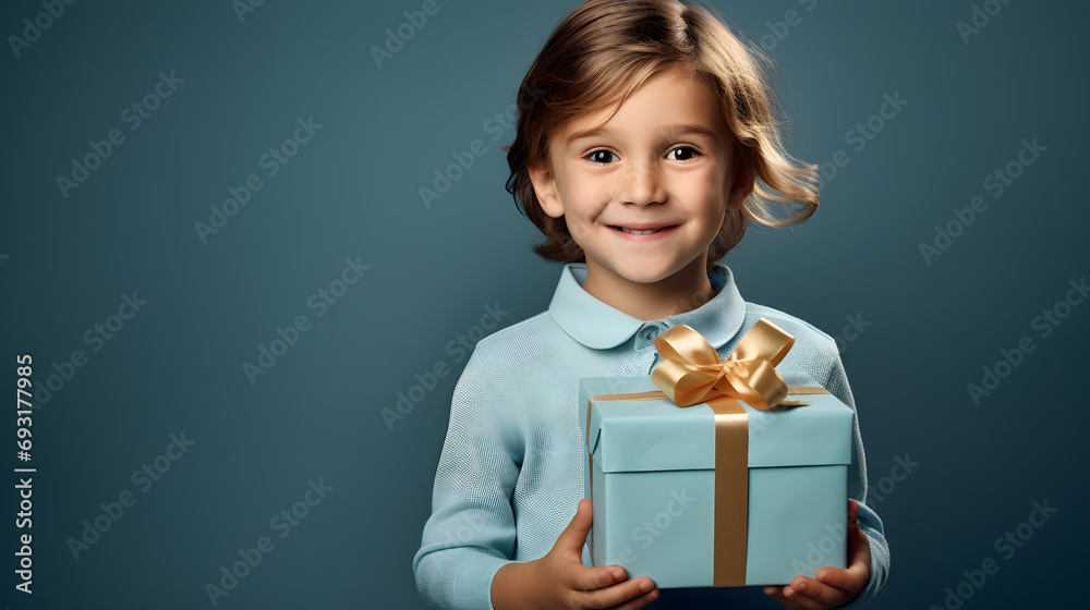 Little smiling boy and excited holding wrapped gift box in hands. Holiday event celebration Little smiling boy and excited holding wrapped gift box in hands. Holiday event celebration