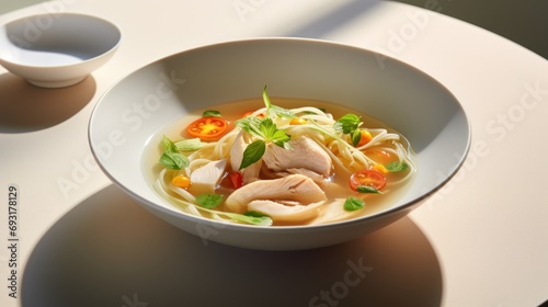  a bowl of chicken noodle soup on a white table with a cup of soup in the backgrouf of the bowl and a shadow on the table.