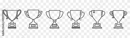 Trophy cup victory icon. Prize victory cup signs collection. Linear icons of cups of different shapes on a blue background, eps10