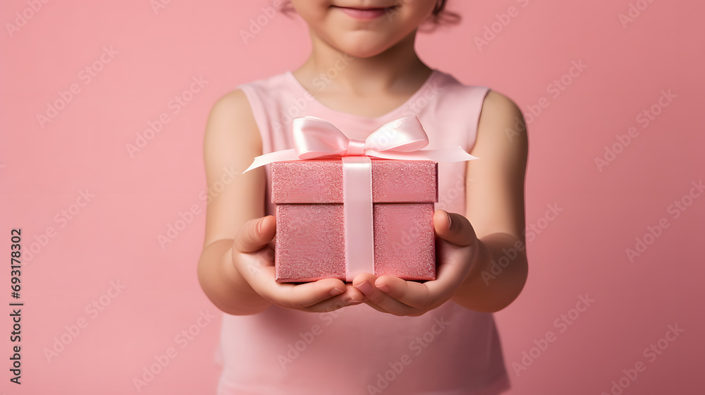 Little child cute girl holding wrapped gift box in hands. Holiday event celebration Little child cute girl holding wrapped gift box in hands. Holiday event celebration