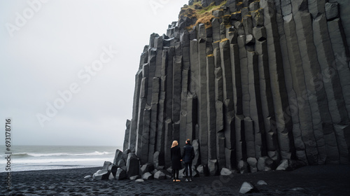 A couple of travelers poses on the basalt columns near sea 
