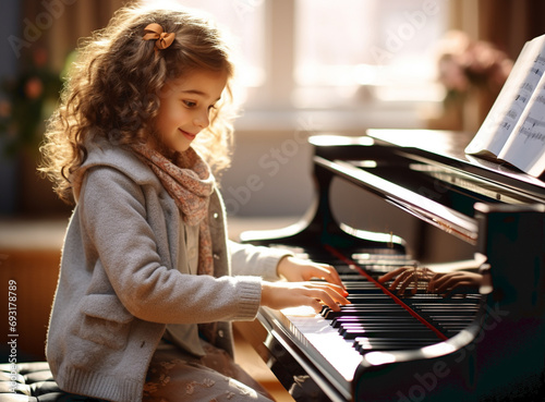 A nice little girl is playing on a big piano. The concept of musical and aesthetic education of a child.