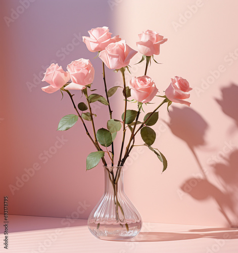 The bouquet of pink roses in a glass vase