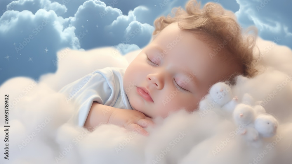 Baby sleeping on a white cloud in the blue sky like a little angel. AI Generated