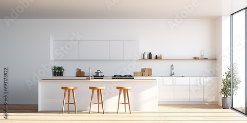 Minimalist a bright kitchen with island, panoramic window, barstools, cupboard, white wall, hardwood floor, gas cooker, sink, and cooking desks.