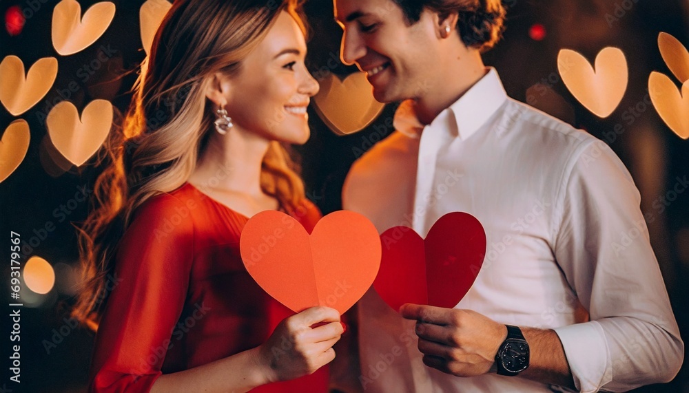 Couple holding up Red Paper Hearts - Valentine's Day Concept