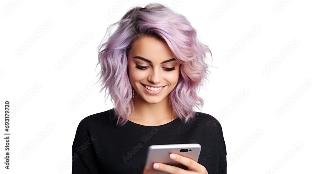 Portrait of a happy woman using mobile phone isolated over transparent background Portrait of a happy woman using mobile phone isolated over transparent background