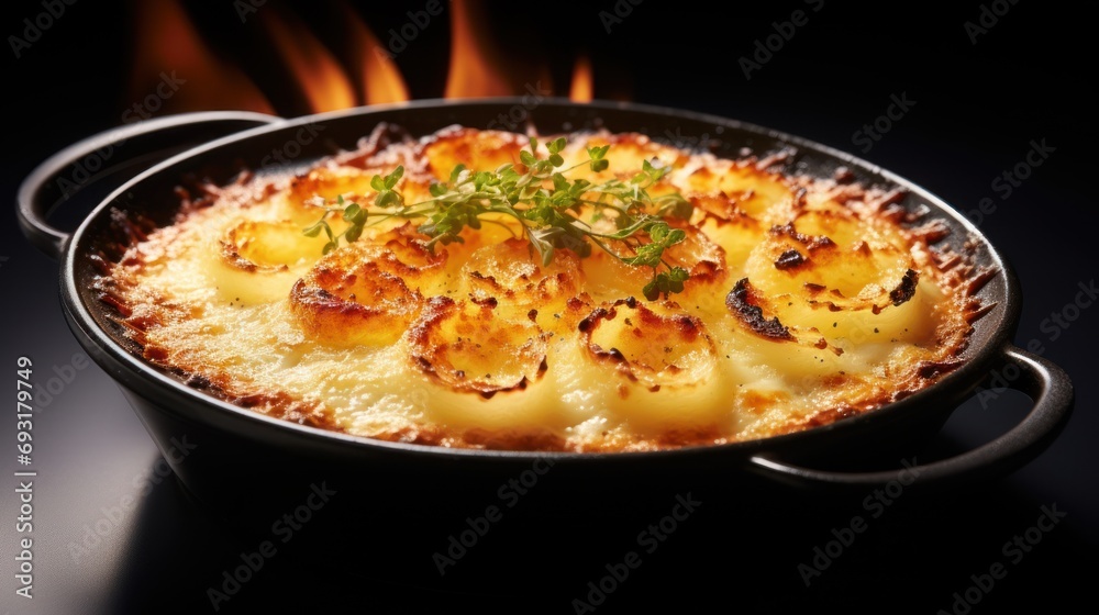  a close up of a casserole in a pan on a table with a fire in the background and a flame in the middle of the casserole.