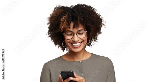 Portrait of a happy businesswoman using mobile phone isolated over transparent background