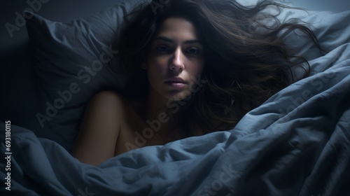 a young woman with insomnia in the bed photo