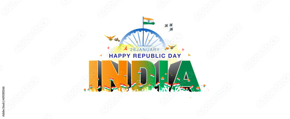 Patriotic People parade in india with tricolor flag and 3d Text india. Vector illustration of Happy republic day India 26 january banner design.