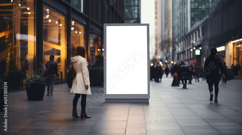 Empty Vertical space advertisement board, blank white signboard on roadside in city, Vertical blank billboard in city in night time, White signboard or lightbox on roadside for advertisement placement photo
