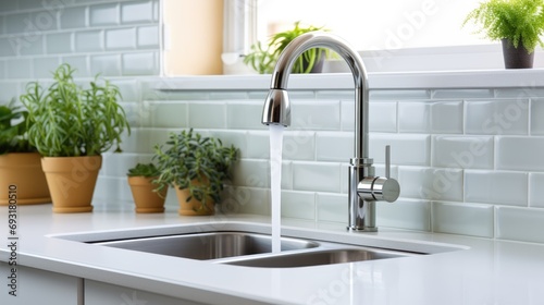 Modern kitchen with white wall tiles, sink and tap with running water on white countertop