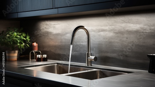 Modern kitchen interior in dark tones with sink and tap with running water photo