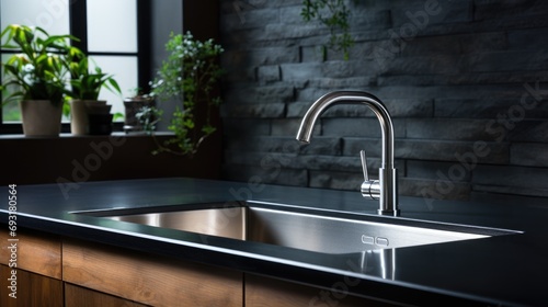 Modern kitchen sink with faucet on black countertop in modern kitchen with a window photo