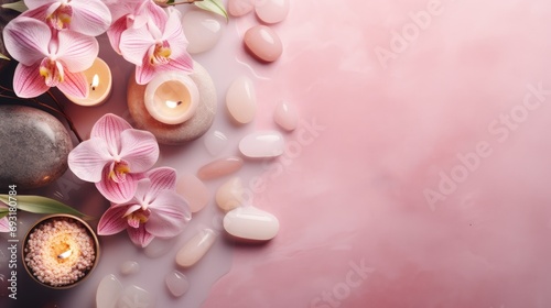 Pink spa background with orchids, candles and sea stones. Top view copy cpace