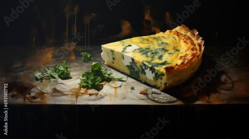  a piece of quiche sitting on top of a cutting board next to a knife and a leafy green garnish on the side of a black background.