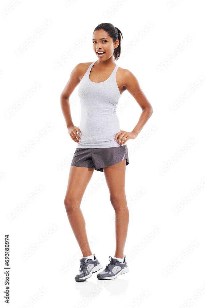 Woman, portrait and fitness with a smile and confidence in a studio for exercise and training. Wellness, happy and female person with workout and sport of athlete with white background and sportswear Woman, portrait and fitness with a smile and confidence in a studio for exercise and training. Wellness, happy and female person with workout and sport of athlete with white background and sportswear