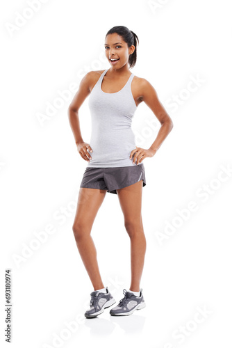 Woman, portrait and fitness with a smile and confidence in a studio for exercise and training. Wellness, happy and female person with workout and sport of athlete with white background and sportswear
