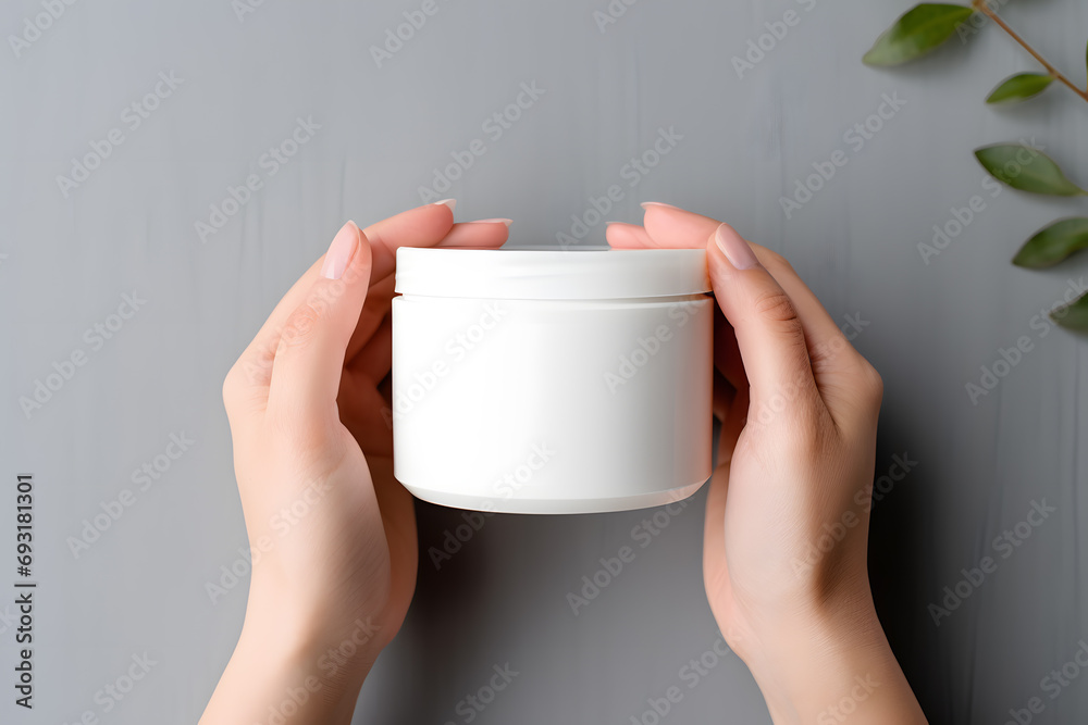 Female hands holding jar of cosmetic cream Cosmetic beauty product branding mockup Female hands holding jar of cosmetic cream Cosmetic beauty product branding mockup