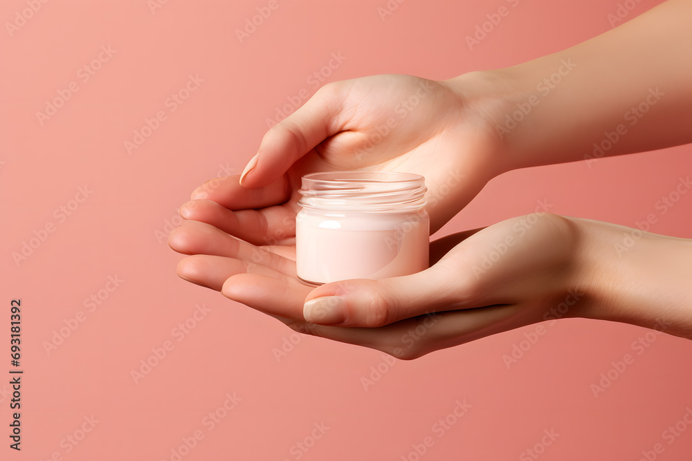 Female hands holding jar of cosmetic cream Cosmetic beauty product branding mockup - obrazy, fototapety, plakaty 