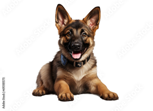A beautiful puppy is the German shepherd  isolated on a transparent background. Fluffy dog close-up of brown and black color